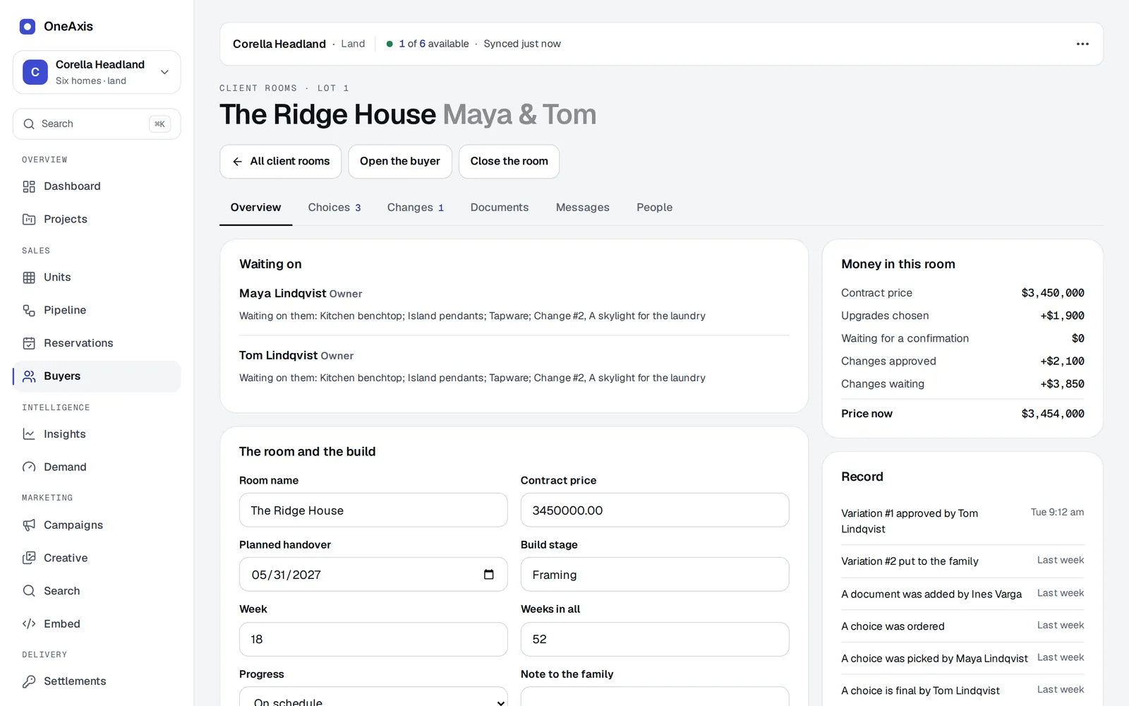A client room for The Ridge House showing who is waiting on what, money in the room, and a record of variations and choices