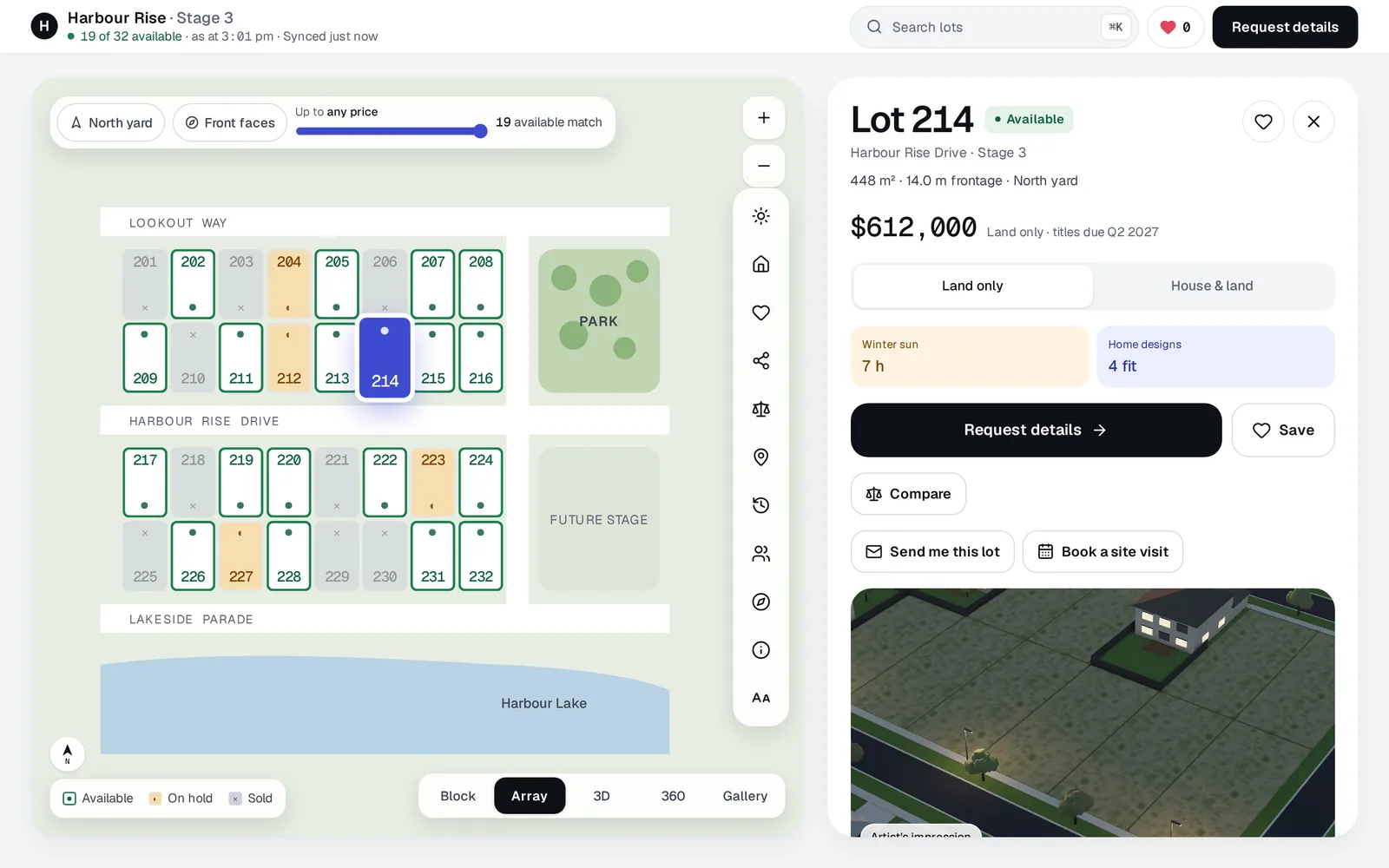 Lot 214 with the house and land option, showing home designs that suit the lot