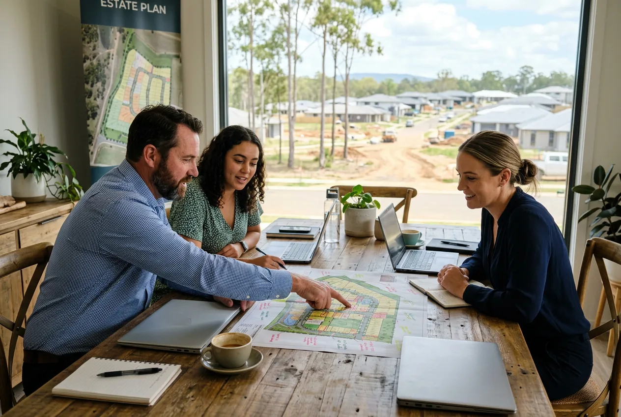 A developer, a project marketer and a sales agent planning a release over an estate plan