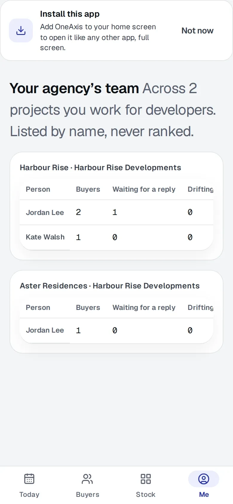 Pocket on a phone: the agency’s team across two projects for developers, listed by name and never ranked, with an Install this app prompt.