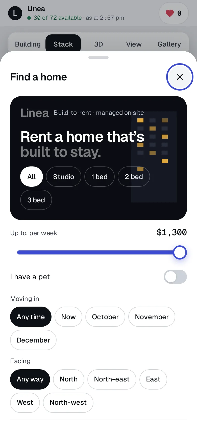 Find a home on a phone: filters for weekly rent, bedrooms, move-in month and pets