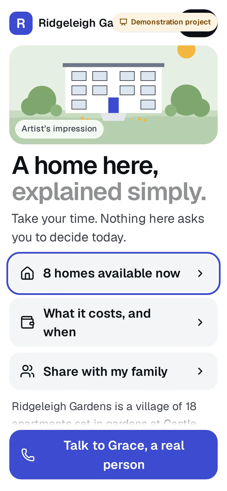 A retirement community welcome screen in large type with options to see homes, costs and share with family