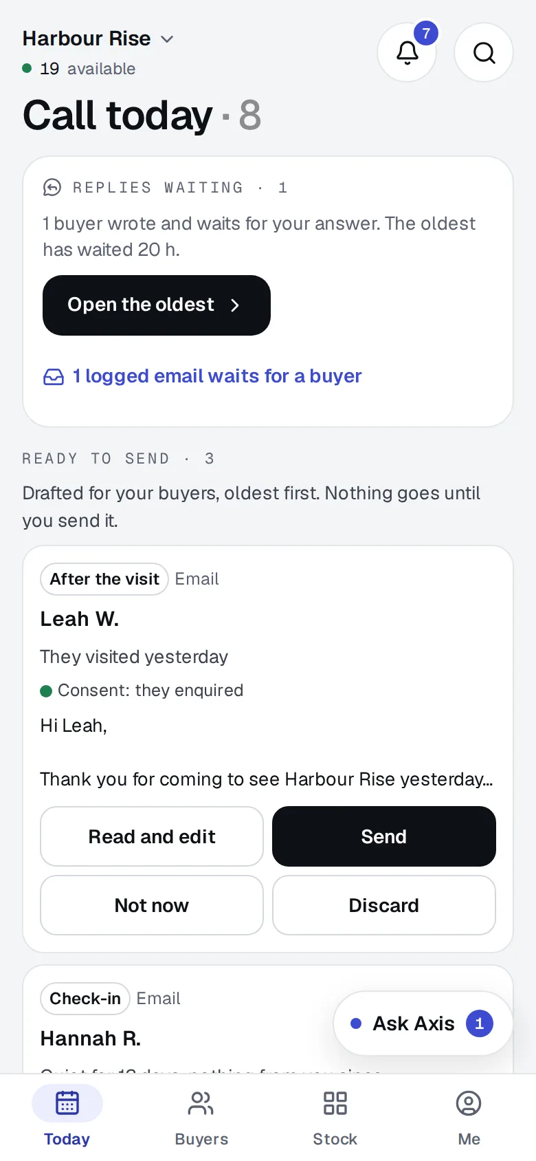 Pocket’s Call today screen: replies waiting, and drafts ready to send that nothing sends until the agent does.